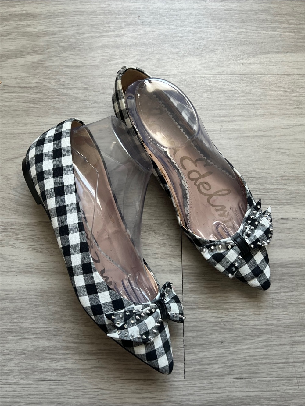 Sam Edelman Gingham Pointed Toe Flats Studded Bow Black White Size 9